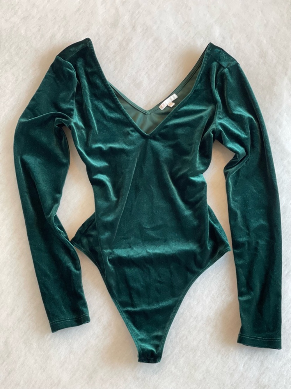 Gianni Bini Deep Green Velvet Long-Sleeve V-Neck Bodysuit